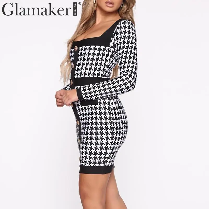Glamaker, черное клетчатое платье с пуговицами для офиса, женское теплое осеннее платье с длинным рукавом, сексуальное облегающее элегантное короткое платье для клуба, вечерние платья