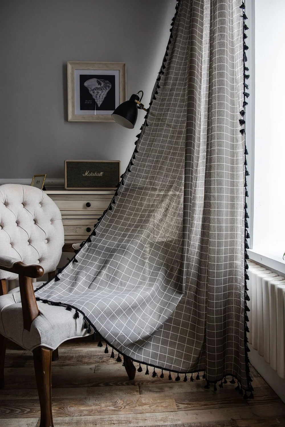 sala de estar persianas francês janelas algodão
