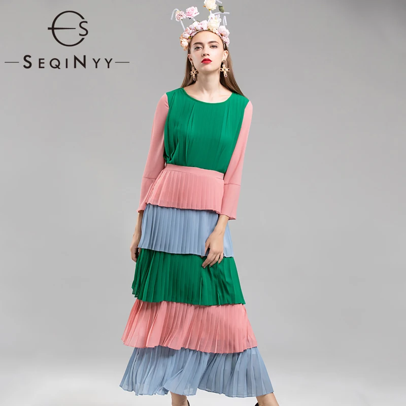 

SEQINYY Pleated Dress 2020 Spring Autumn New Fashion Design Pink Green Blue Ruffles Cascading Chiffon Long Dress Women