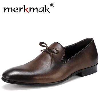 

Merkmak 2019 Brand New Genuine Leather Dress Shoes Fashion Slip-on Busniess Formal Shoes Big Size Italian Footwear for Wedding