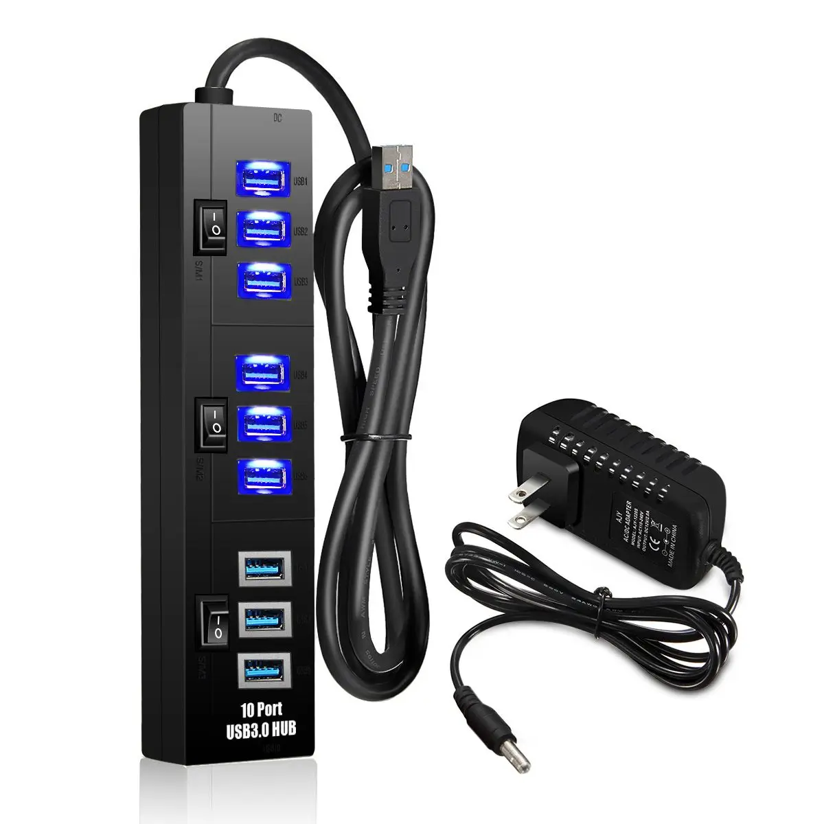 10 Порты и разъёмы 3,0 usb-хаб 5V 2A адаптер Зарядное устройство с переключателем внешнего Мульти USB разветвитель USB3.0 концентраторы для компьютера ПК ноутбук для мобильного телефона