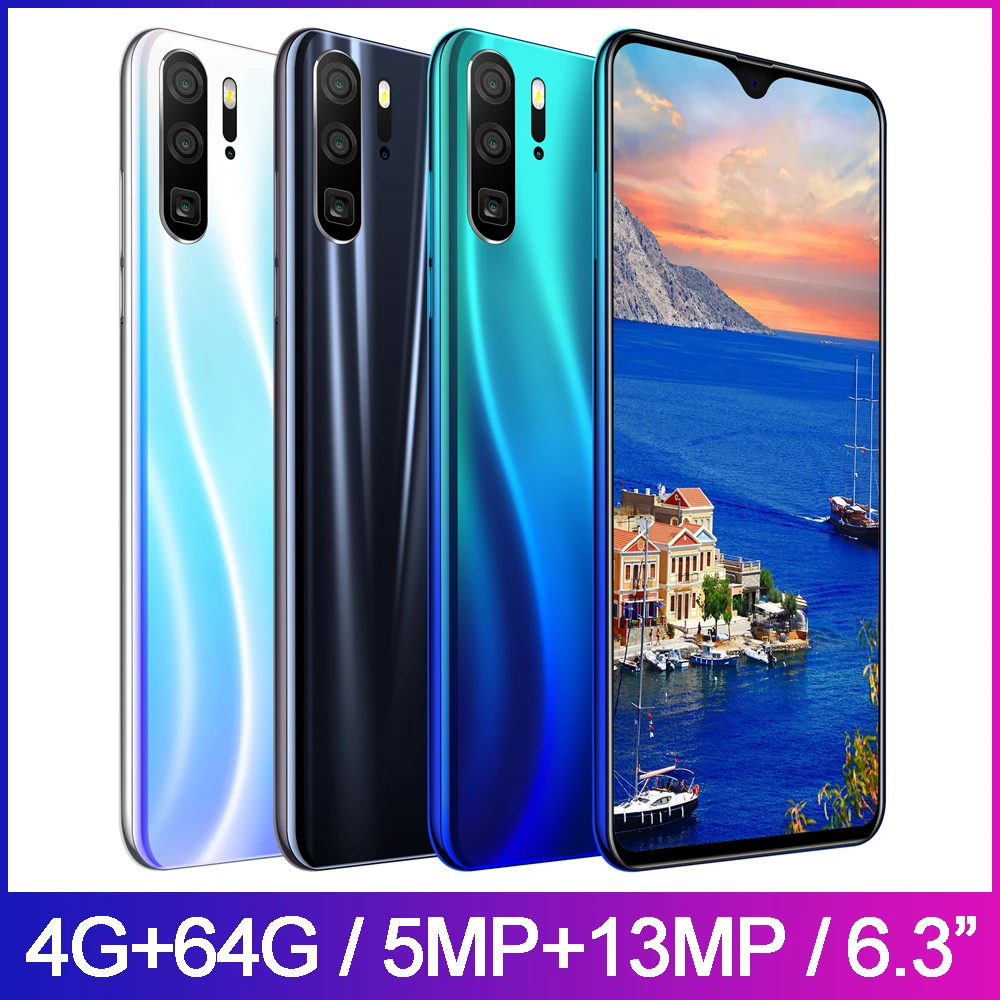 A9 Waterdrop 6.3inch Screen Phones Andriod Smartphones Quad Core 4GRAM+64GROM CellPhones 13MP WCDMA Cell Phone Face ID celular