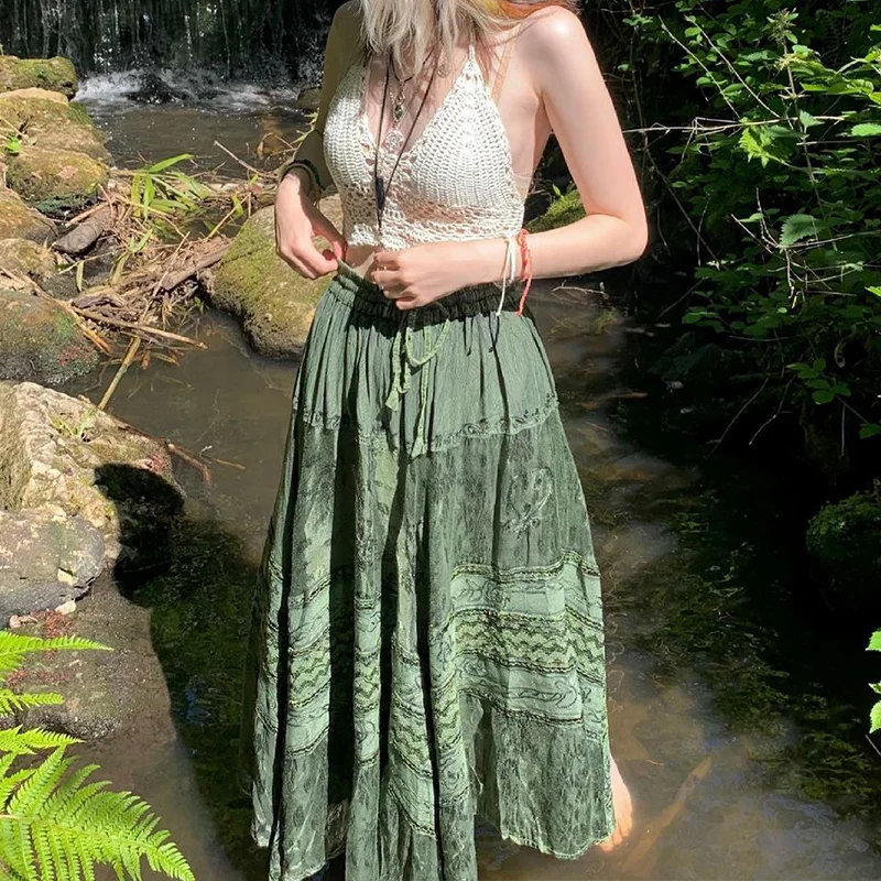 

hirigin 90s Vintage Boho Midi Skirts Fairycore Grunge Kawaii High Waist Long Pleated Skirt Women Retro Holiday Beach Streetwear