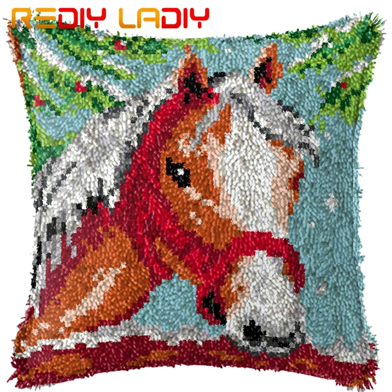 Latch Hook Cushion Red Horse Pillow Case Preprinted Color Canvas