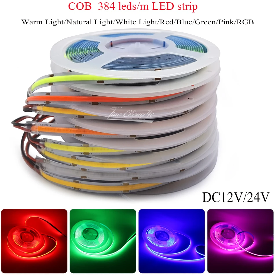 

DC12V / 24V COB LED Strip Light 384 LEDs High Density Flexible LED Light Tape for Decor Lighting Super Bright Neon RGB LED Strip