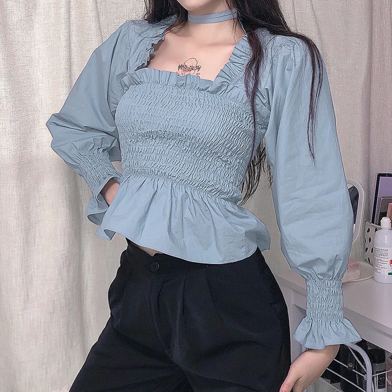 2020 Korean Popular Temperament Lotus Leaf Long Sleeve T-shirt Office Lady Full Ruffles Blue Puff Sleeve T Shirt for Women