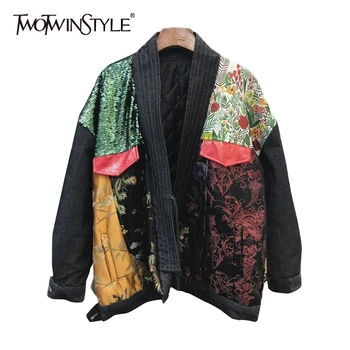 

TWOTWINSTYLE Printed Floral Casual Jacket For Women V Neck Long Sleeve Hit Color Streetwear Jackets Female Fashion New Clothing