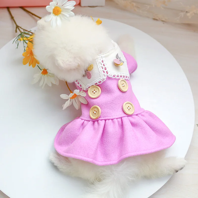

Dog Puppy Purple Cherry Woolen Dress Pet Cat Outfits Small Dog Spring Autumn Warm Doll Collar Buttons Coat Dress Cute Pet Skirt