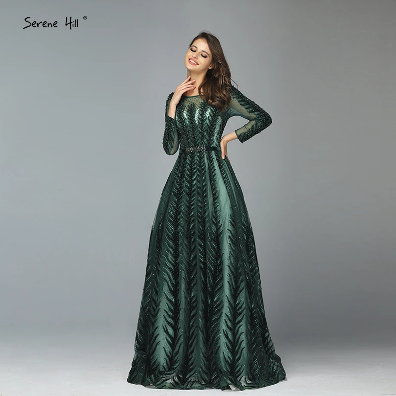 Дубай дизайн зеленое, с длинным рукавом платья для выпускного вечера с О-образным вырезом Бисер блестками ТРАПЕЦИЕВИДНОЕ платье для выпускного бала, спокой BLA70040