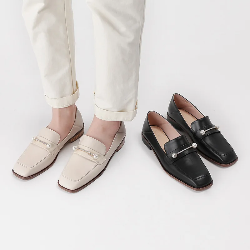 

2019 Spring New Style Ozhouzhan Women's Flat Genuine Leather Casual Versatile Pearl Slip-on Lazy Shoes Fashion