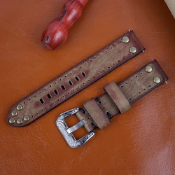 Handcrafted Vintage Rivet Leather Watch Strap with Carved Buckle - 22mm (Green)
