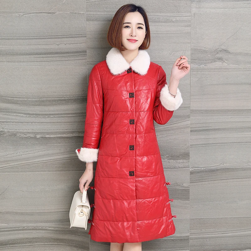 

Genuine Jacket Women Real Sheepskin Leather Down Coat Mink Fur Collar Winter Warm Thick Parkas OT1206 MF545