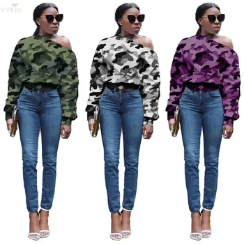 

Woman Clothes Korean Style Spring Slash Neck Inclined Shoulder Long Sleeve Casual Sexy Camouflage Button Top Womens Clothing