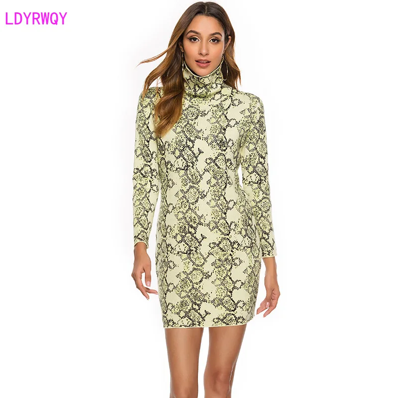 

2019 European and American women's autumn and winter fashion snake pattern high collar knit bottom bag hip hood head long dress