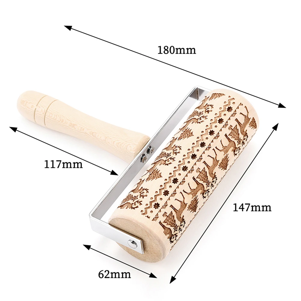 Christmas Wooden Elk Tree Snowflake Engraved Rolling Pin Embossing Dough Roller Holiday Baking Supplies