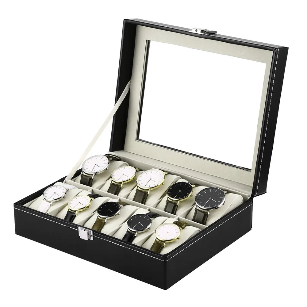 10 сетки наручные часы коробка держатель из искусственной кожи часы Коробка Дисплей Чехол прямоугольник коробки для хранения ювелирных изделий высокое качество XIN-Shippi