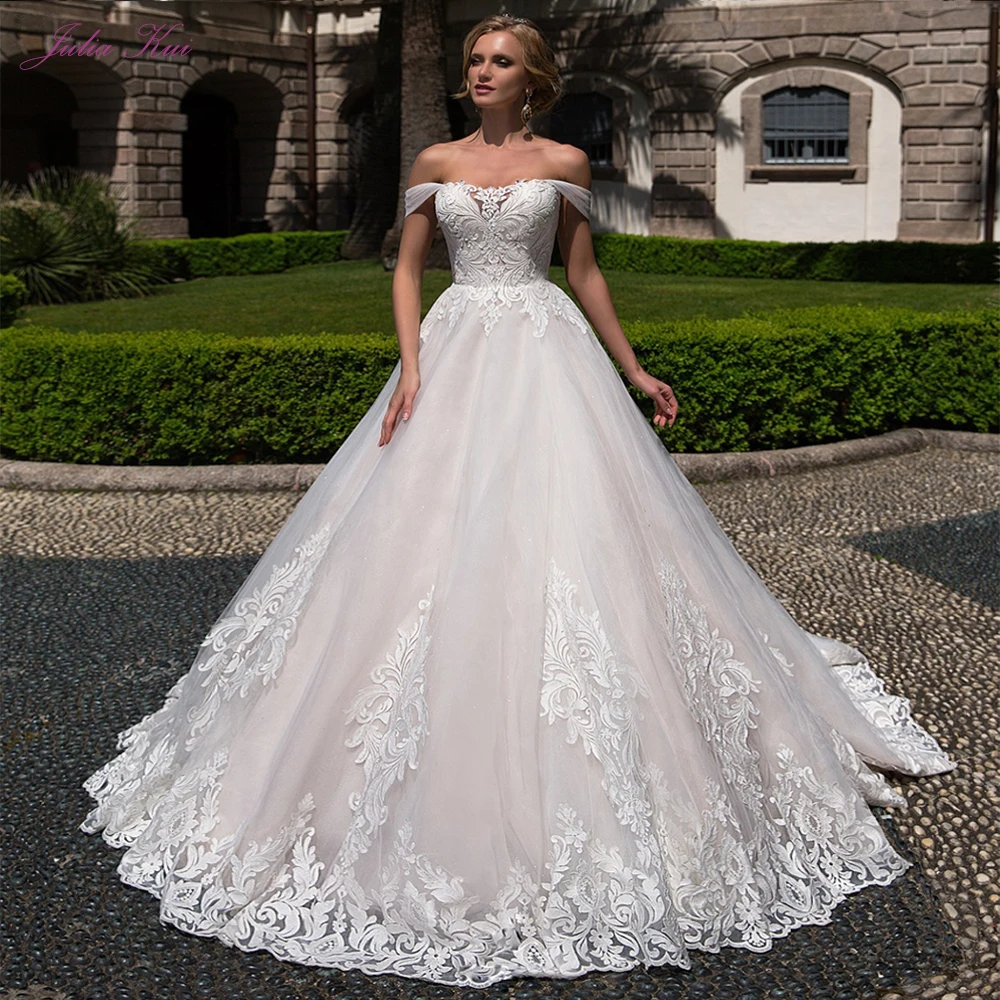 Julia Kui Off The Shoulder A Line Wedding Dress With Elegant Lace Of Court Train