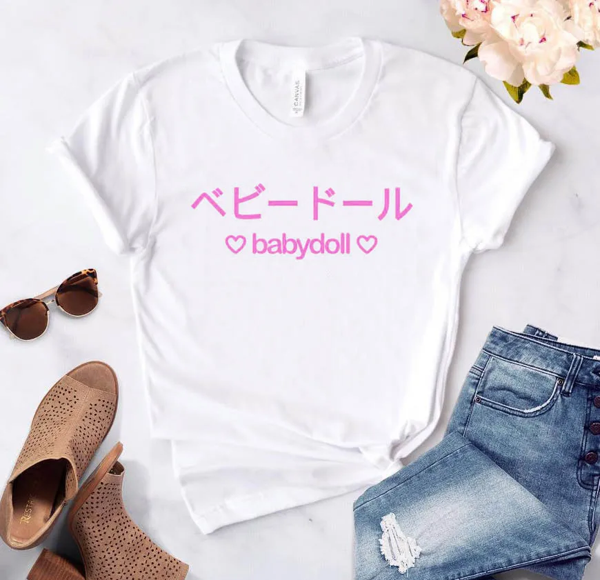 Babydoll, японская, розовая, с буквенным принтом, женская футболка, повседневная, хлопок, хипстер, забавная футболка для девочек, топ, футболка, 8 цветов, Прямая поставка, BA-201