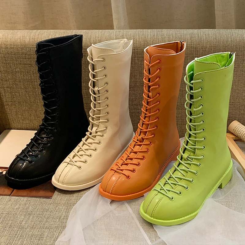 

Lace Up Ankle Boots 2019 New White Combat Boots Orange Green Boots Platform Western Boots Cowboy Boots Women Black Leather Boots