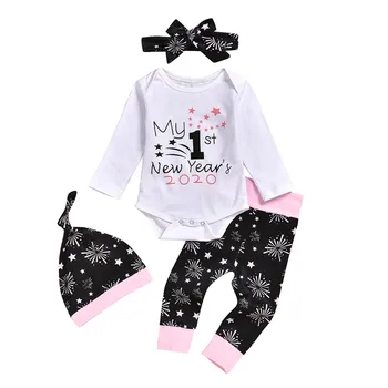 

New Year Infant Baby Girl Clothes Letter Print Bodysuit Tops Pants Headband Hat Outfit 4PCS Spring Cotton Set