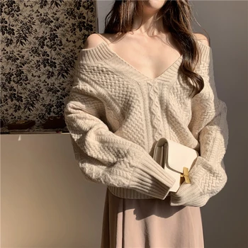 

2 colors 2019 autumn and winter Women thick Sweaters v neck twist Knitted Sweater Female off shoulder Pullovers Jumpers (R99966