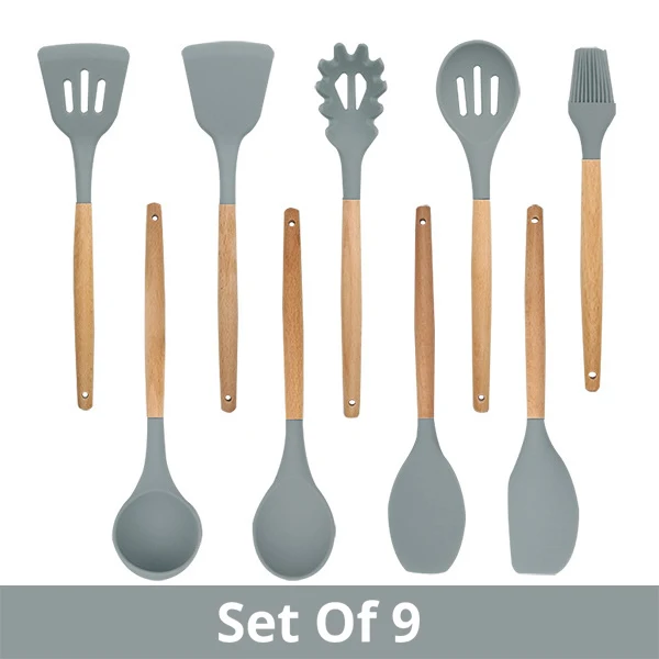 Силиконовая кухонная утварь набор-антипригарная лопатка Черпак натуральная Акация деревянная ручка кухонные инструменты - Цвет: Grey Set of 9