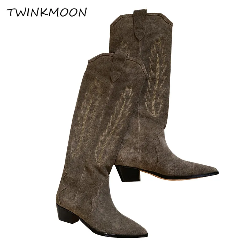 

Suede Women's High Boots Embroidered Knee High Boots Wedges Low Heel Autumn Winter Shoes Cowboys Boots Women 2019