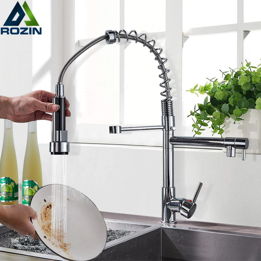 Rozin Chrome Spring Pull Down Kitchen Faucet Dual Outlet Spouts 360 Swivel Handheld Shower Kitchen Mixer Crane Hot Cold Taps