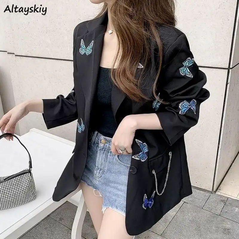 ブレザー女性の蝶の刺繍オルゆるい女性シンプルなシングルブレストすべてマッチ人気の春薄型生き抜くハイストリート Blazers Aliexpress