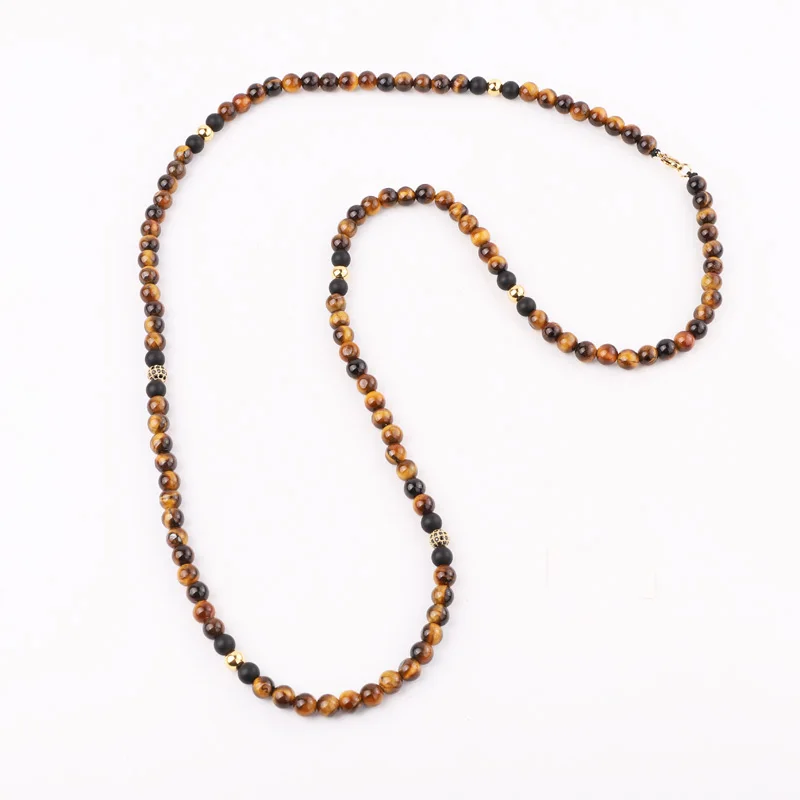 High Quality New Design Natural Stone Matte Onyx Brown Tiger Eye Stainless Steel Beads Men Long Necklace 30inches Jewelry Gift - Image 5