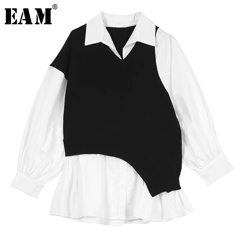 

[EAM] Women Black Knitting Spliced Pleated Blouse New Lapel Long Sleeve Loose Fit Shirt Fashion Tide Spring Autumn 2019 1A657