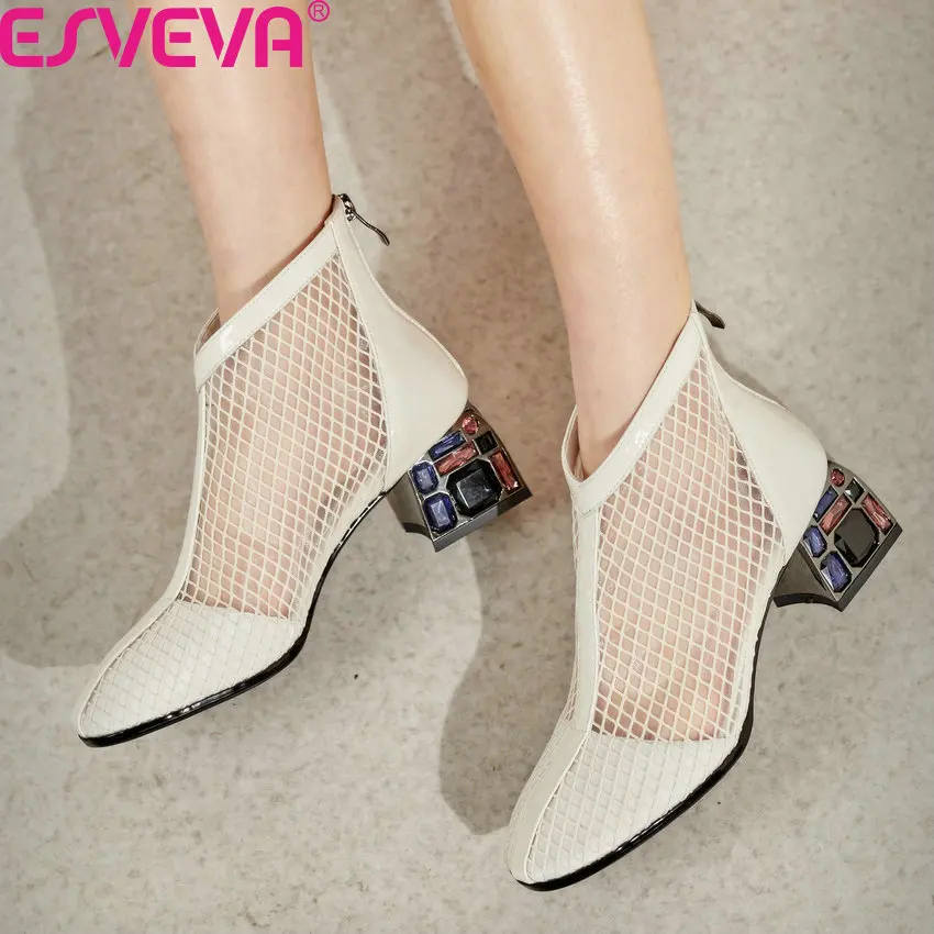 

ESVEVA 2020 Round Toe Fashion Square High Heel Cool Boots Spring Summer PU Patent Leather Mesh Zipper Women Shoes Size 34-42