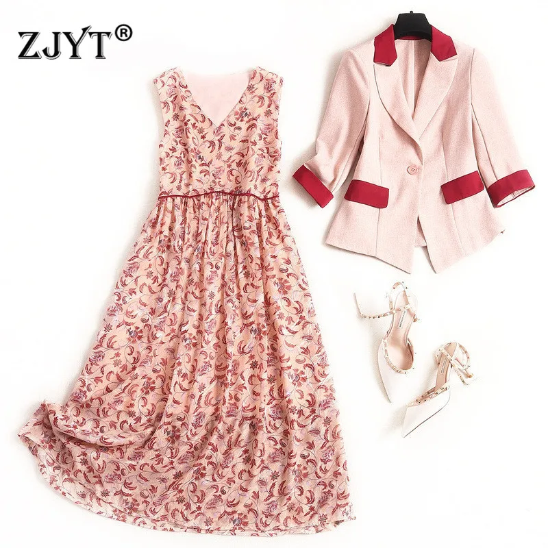 

Elegant Office Lady Spring Dress 2piece Set 2020 New Designers Women's Color Block Blazer and Print Tank Chiffon Dresses
