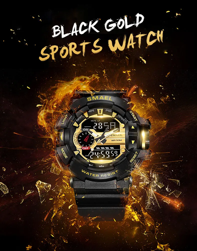  SMAEL Men Sports Watch Military Watches LED Quartz Dual Display Waterproof Outdoor Sport Men's Wris