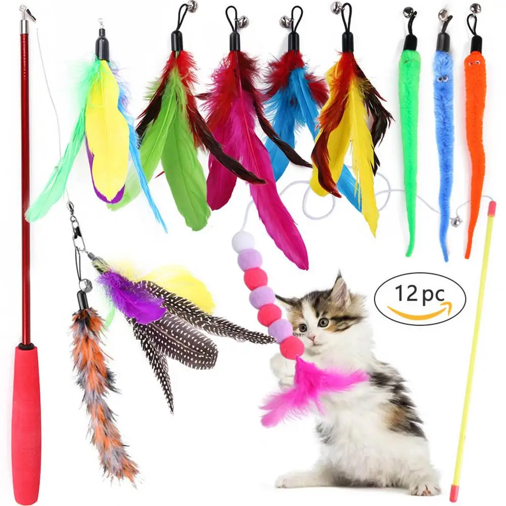 

12 PCS Replacement Cat Feather Toy Set Cat Feather Teaser Wand Toy For Kitten Cat Funny Cat Feather Telescopic Bell Cat Toy