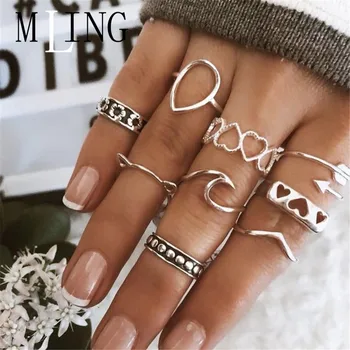

MLING 9 Pcs/Set Vintage Alloy Ring Set Bohemian Hollow Heart Water Drop Wave Cat Ring for Women