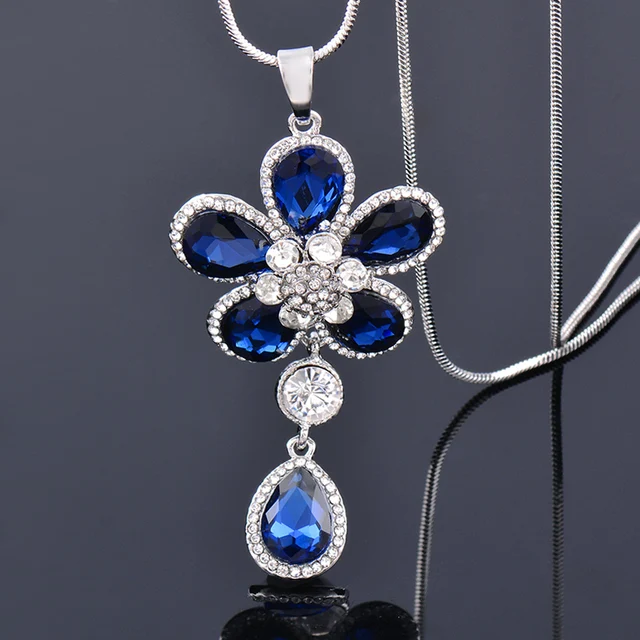 Dazzling Flower Long Pendant Necklace Silver Color Chain Gray Blue Zircon Crystal Necklace for Women Jewelry 2