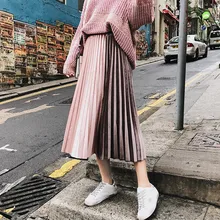 Бархатная плиссированная юбка размера плюс, женская теплая зимняя юбка миди, осенняя розовая Лоскутная длинная юбка с высокой талией, faldas mujer moda