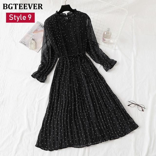 Spring Stand Collar Floral Print Women Dress Lace Up Female Pleated Dress Summer Party Midi Chiffon Vestidos femme 2021