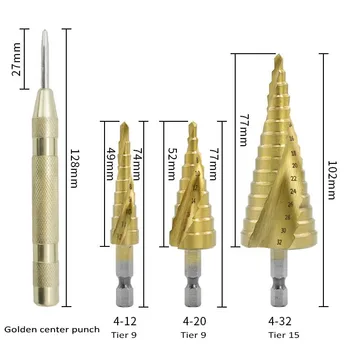 

Pagoda Step Drill Helix Step Drill Hexagon Handle Bag Packing 4PC 4241 Material Hexagon Step Drill Center Punch