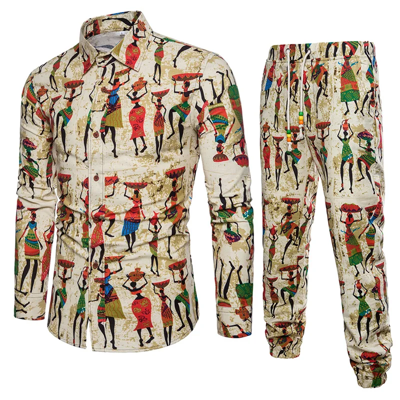 Осенняя мужская Праздничная Повседневная стильная рубашка с длинными рукавами и цветочным принтом, льняные брюки высокого качества, мужская спортивная одежда, amazon, вечерние мужские брюки - Цвет: A041