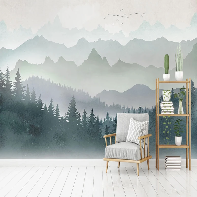 

Custom 3D Mural Wallpaper Modern Simple Watercolor Geometric Mountain Peak Forest Wall Painting Living Room Waterproof Stickers