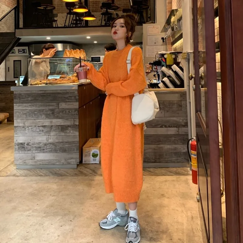 Orange Loose Knitted A-line Sweater Dress Fashion Candy Color Women's Knitted Dresses Autumn Wild Female Pullover Sweaters Pink