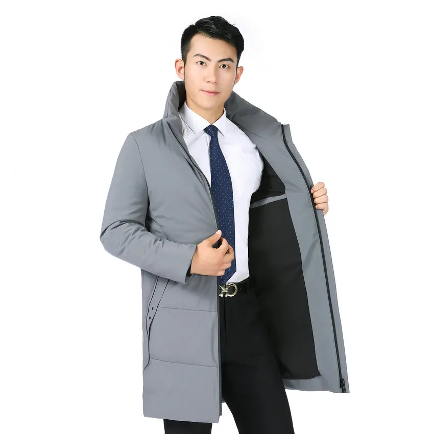 Winter Men Business Casual Puffer Parkas Dark Gray Black Long Puff Overcoats Male Stand Collar Thick Warm Lightweight Outerwear