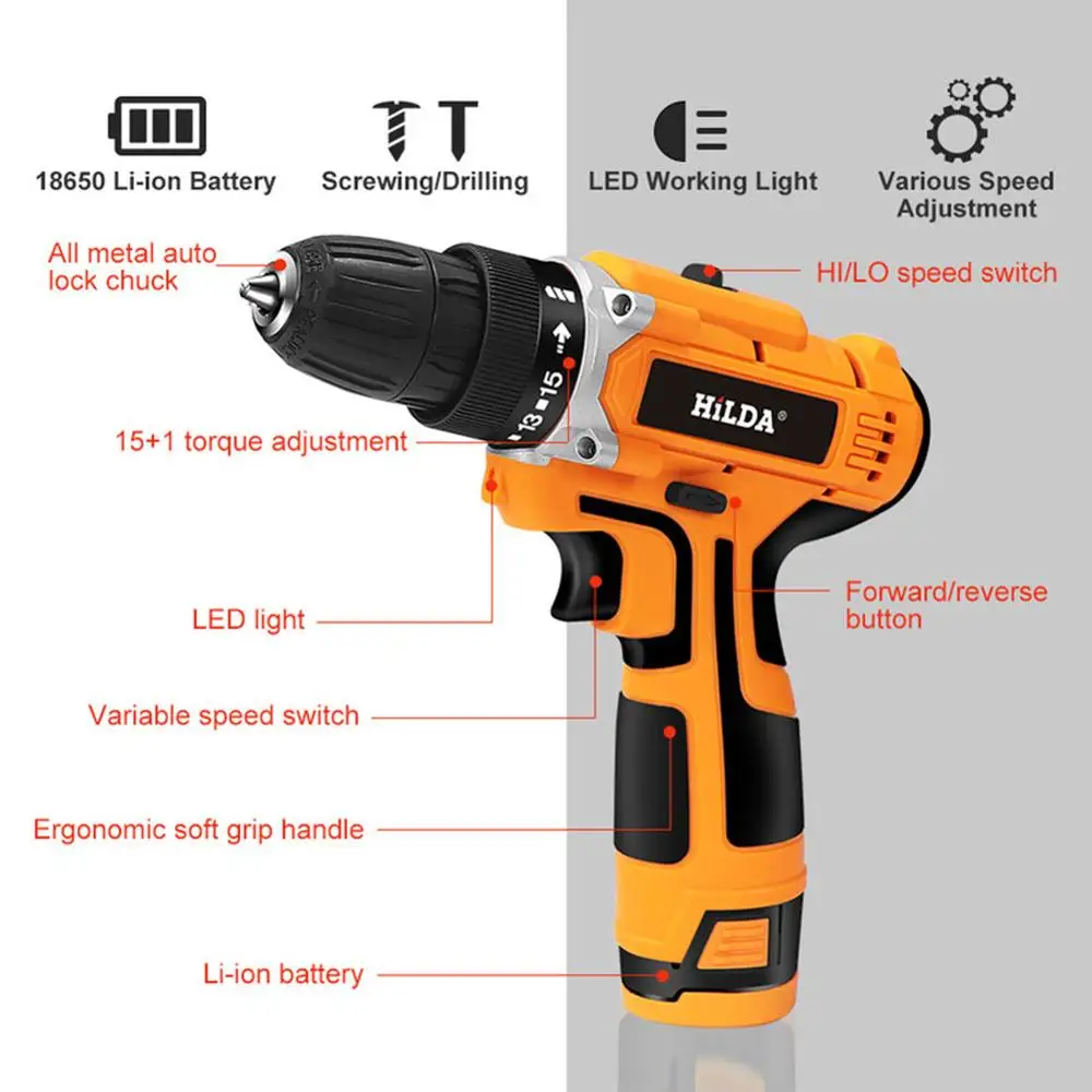 Hilda 16.8V Lithium Strong Torque Electric Hand Drill Machine Cordless Household Charging Screwdriver Wireless Power Tool