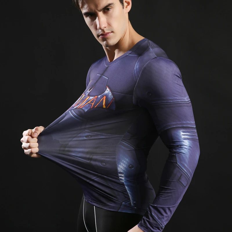 Новая повседневная футболка с 3D принтом Бэтмена, Мужская облегающая футболка с супергероем, мужские топы с длинными рукавами для бодибилдинга, Homme