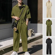 INCERUN Fashion Mens Cargo Overalls Half Sleeve Jumpsuits Joggers Solid Color Button High Street Casual Rompers Pants Men