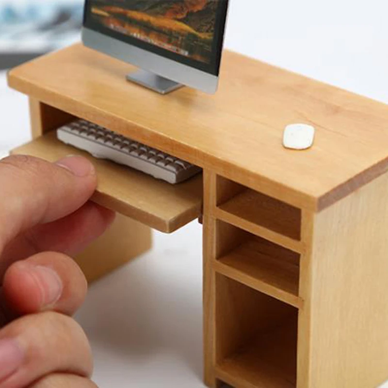 monitor keyboard mouse Dollhouse Miniature Wood Mahogany Desk set w/ computer 