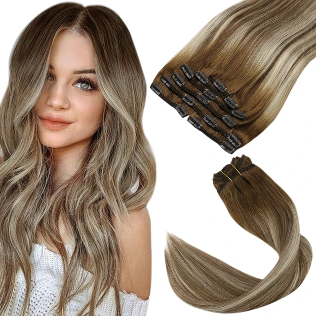 VeSunny Clip in Hair Extension Human Hair Ombre Blonde Remy Seamless Hair Extension Human Hair Brown Balayage Natural Human Hair 6-60-6