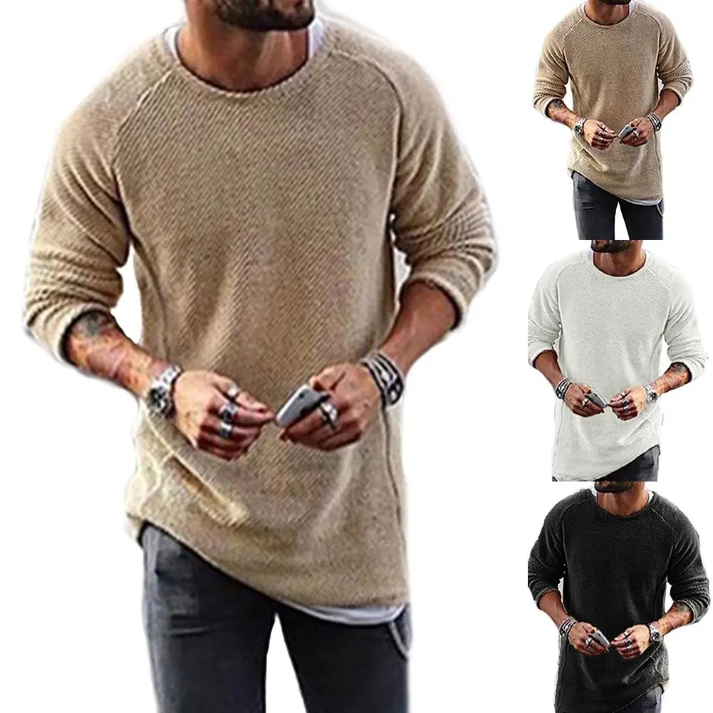 S/M/L/XL hombres cómodos casuales de Color sólido jersey de Spandex punto O cuello camisa de manga larga Jersey Top Свитер